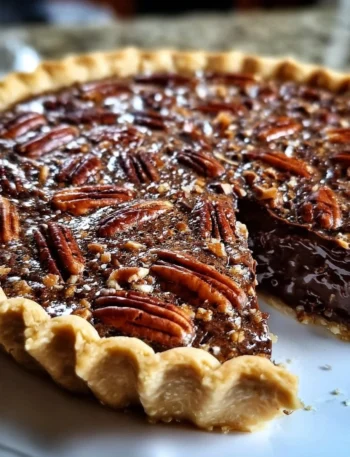 Delicious Texas chocolate pecan pie with a rich chocolate filling and pecan topping.