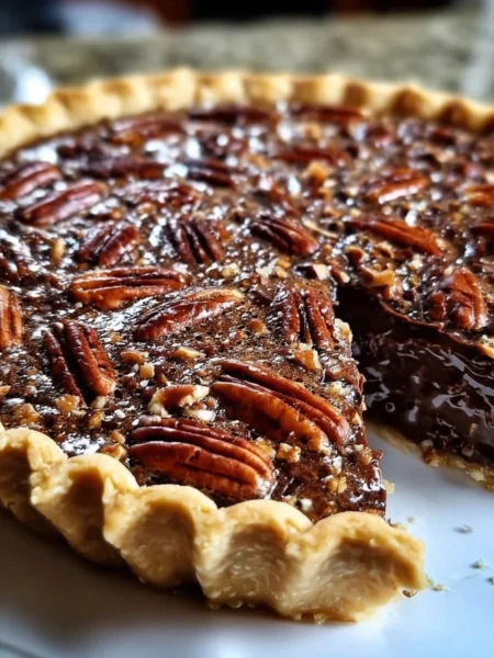 Delicious Texas chocolate pecan pie with a rich chocolate filling and pecan topping.