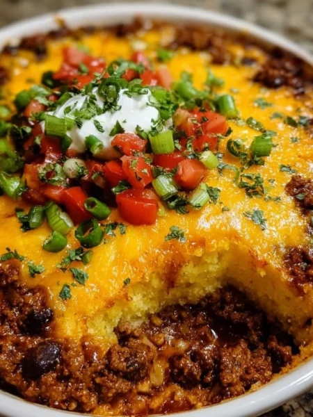 Delicious Texas Tamale Pie served in a colorful dish with toppings