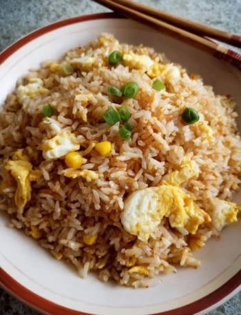 Delicious plate of the best egg fried rice with vegetables and herbs