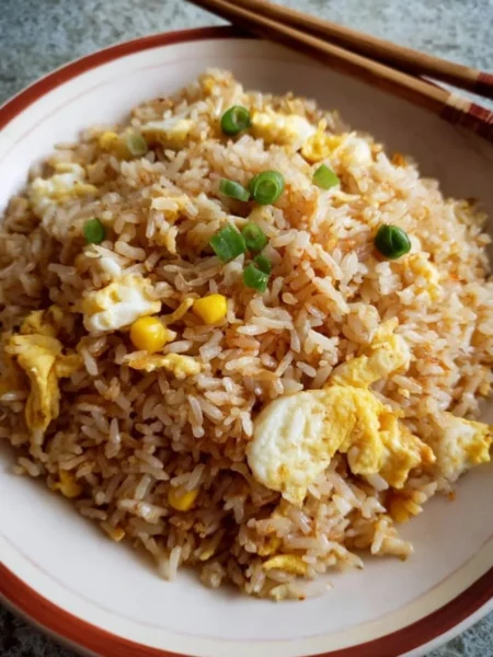 Delicious plate of the best egg fried rice with vegetables and herbs
