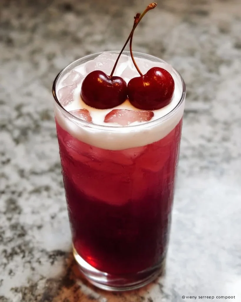 Refreshing Tropical Cherry Rum Cocktail garnished with cherries and tropical fruits.