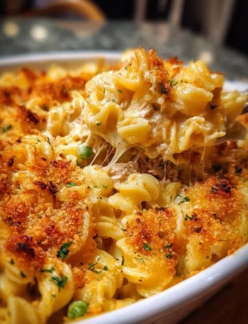 Delicious homemade Tuna Noodle Casserole served in a baking dish.