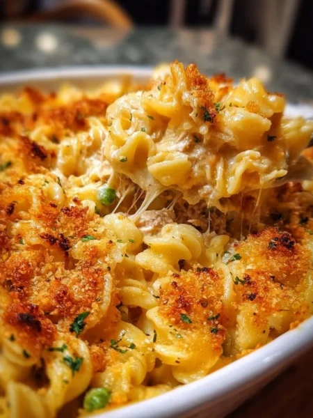 Delicious homemade Tuna Noodle Casserole served in a baking dish.