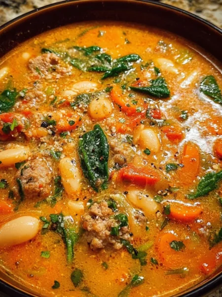 Bowl of Tuscan White Bean Soup garnished with herbs and served with bread