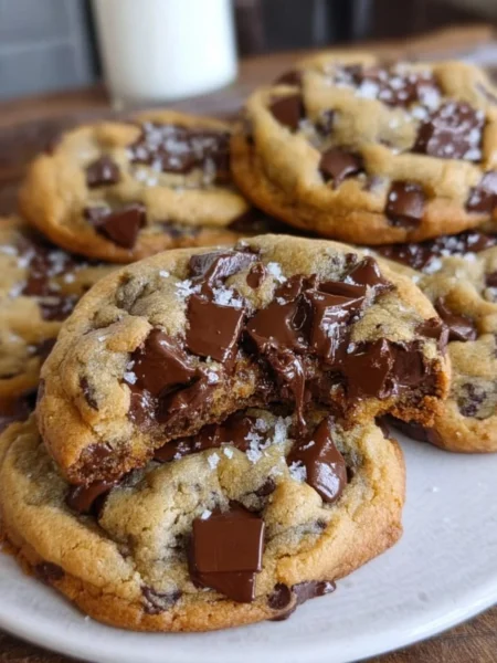 Ultra thick chocolate chip cookies with crispy edges and gooey centers loaded with chocolate.