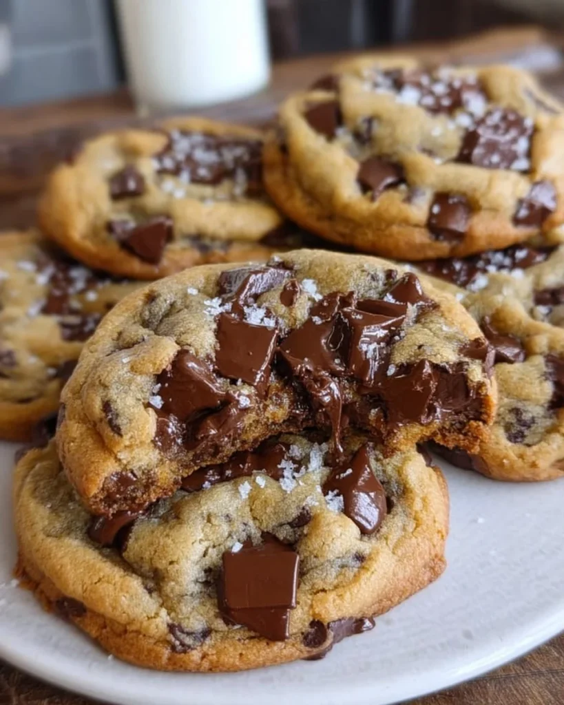 Ultra thick chocolate chip cookies with crispy edges and gooey centers loaded with chocolate.