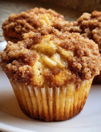 Freshly baked apple cinnamon muffins with streusel topping on a wooden table.