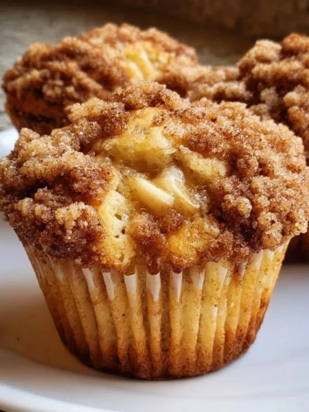 Freshly baked apple cinnamon muffins with streusel topping on a wooden table.