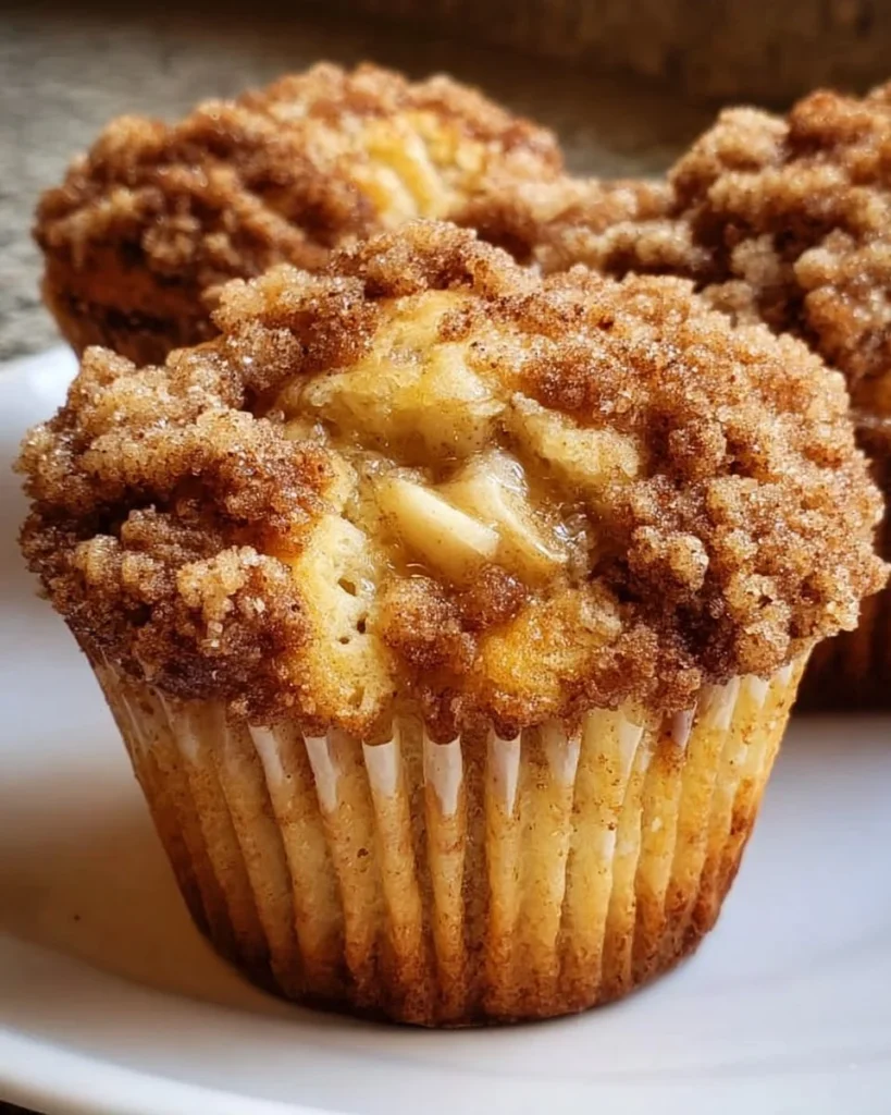 Freshly baked apple cinnamon muffins with streusel topping on a wooden table.