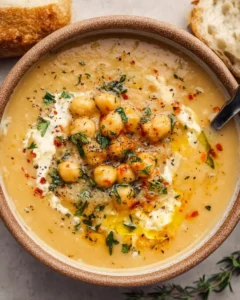 Bowl of Vegan Garlic Chickpea Soup topped with herbs and served with bread