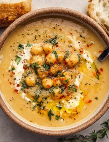 Bowl of Vegan Garlic Chickpea Soup topped with herbs and served with bread