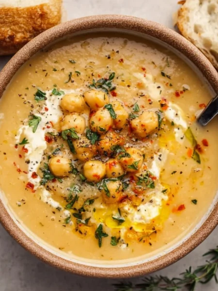 Bowl of Vegan Garlic Chickpea Soup topped with herbs and served with bread