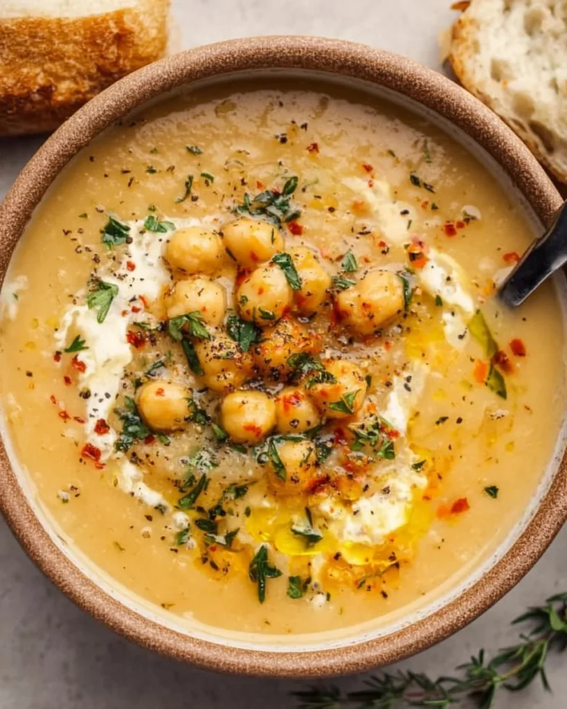 Bowl of Vegan Garlic Chickpea Soup topped with herbs and served with bread