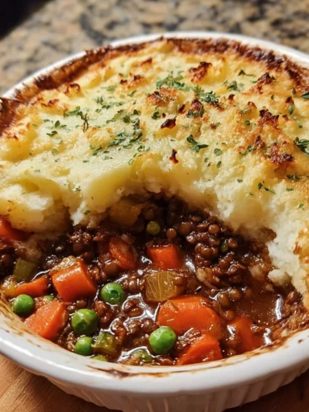 Delicious Vegan Shepherd's Pie with vegetables and creamy mashed potato topping.