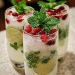 Refreshing White Christmas Mojitos cocktail with mint and cranberries.