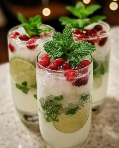 Refreshing White Christmas Mojitos cocktail with mint and cranberries.
