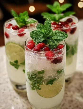 Refreshing White Christmas Mojitos cocktail with mint and cranberries.