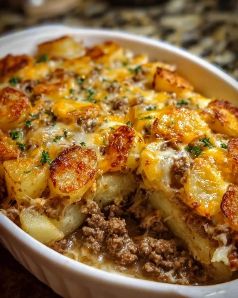 Delicious 5-Ingredient Hamburger and Potato Casserole ready to serve.