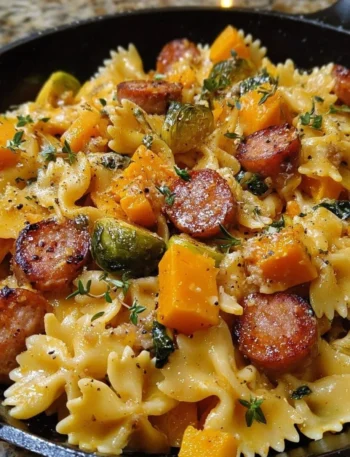 Delicious Autumn Sausage Pasta Squash recipe served in a bowl with fresh herbs