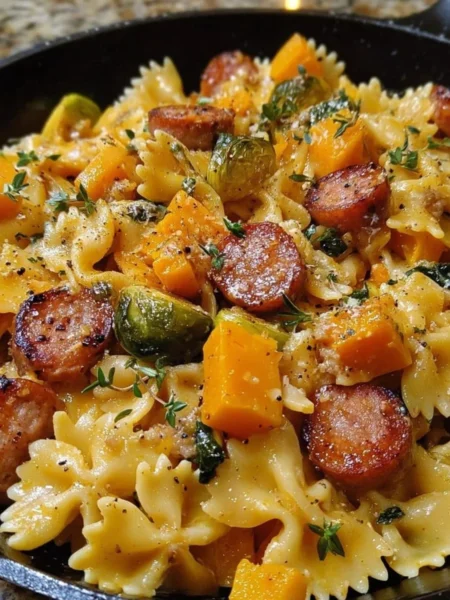 Delicious Autumn Sausage Pasta Squash recipe served in a bowl with fresh herbs