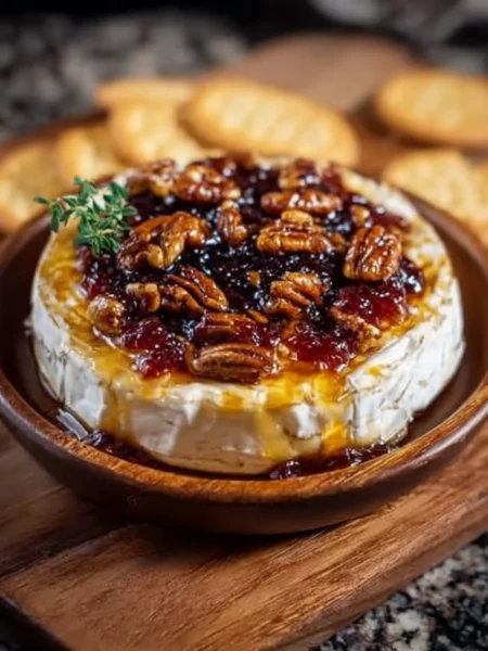 Baked Brie topped with sweet Fig Jam, delicious appetizer