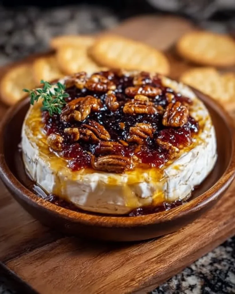 Baked Brie topped with sweet Fig Jam, delicious appetizer