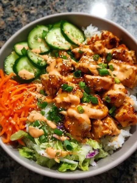 Delicious Bang Bang Chicken Bowl with spicy sauce and fresh ingredients.