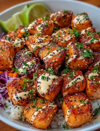 Delicious Bang Bang Salmon Bites served with a spicy dipping sauce