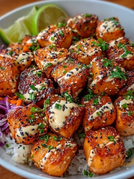 Delicious Bang Bang Salmon Bites served with a spicy dipping sauce