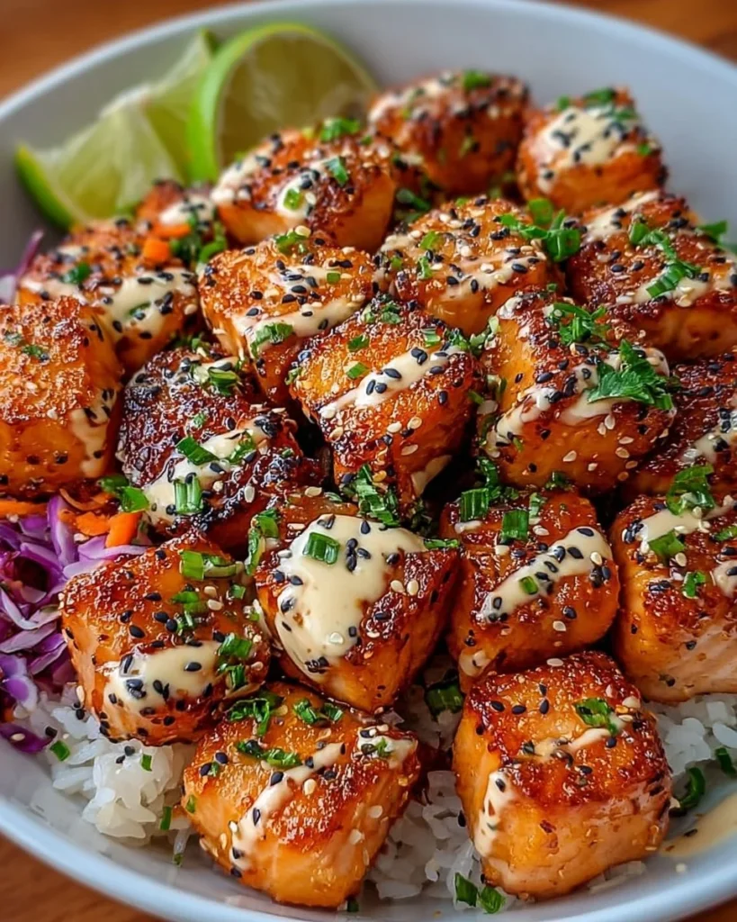 Delicious Bang Bang Salmon Bites served with a spicy dipping sauce
