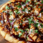 Delicious BBQ Chicken Pizza topped with chicken, BBQ sauce, and cheese.