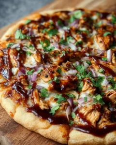 Delicious BBQ Chicken Pizza topped with chicken, BBQ sauce, and cheese.