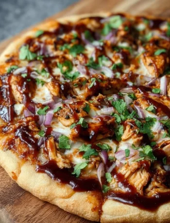 Delicious BBQ Chicken Pizza topped with chicken, BBQ sauce, and cheese.