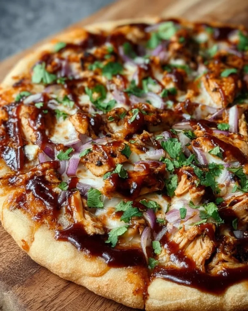 Delicious BBQ Chicken Pizza topped with chicken, BBQ sauce, and cheese.