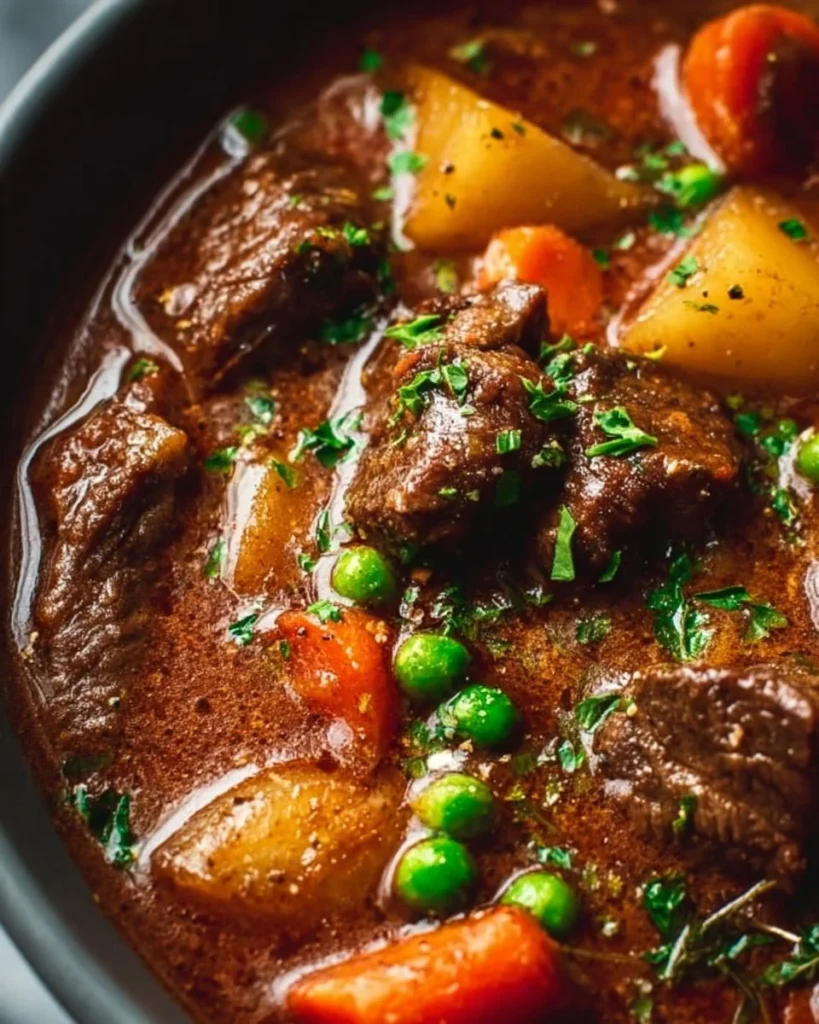 Delicious beef stew served in a bowl with vegetables and herbs