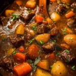 Delicious beef stew in a bowl with vegetables and herbs