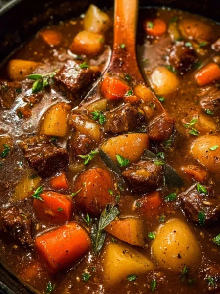 Delicious beef stew in a bowl with vegetables and herbs