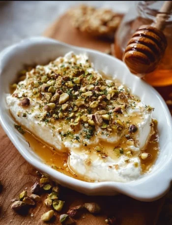 Boursin appetizer with pistachios and honey on a serving platter
