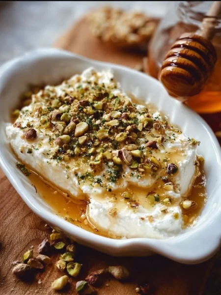 Boursin appetizer with pistachios and honey on a serving platter