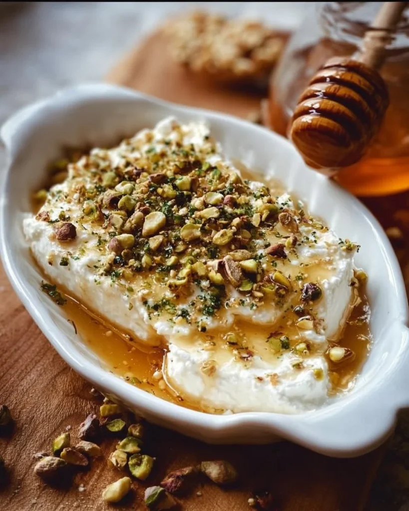 Boursin appetizer with pistachios and honey on a serving platter