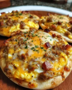 Delicious breakfast pizza topped with eggs, cheese, and veggies