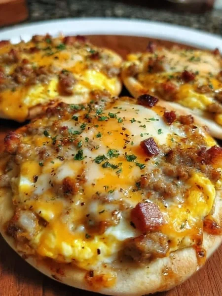 Delicious breakfast pizza topped with eggs, cheese, and veggies