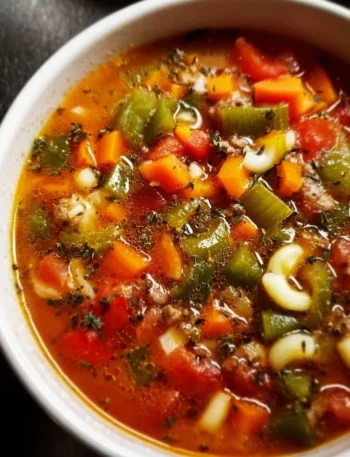 A bowl of Busy Day Soup filled with vegetables and noodles.