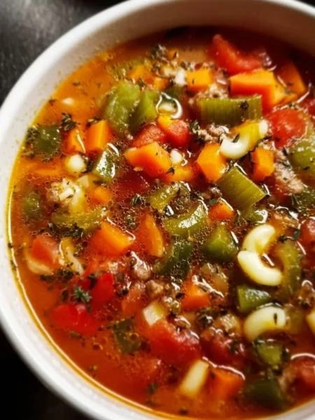 A bowl of Busy Day Soup filled with vegetables and noodles.