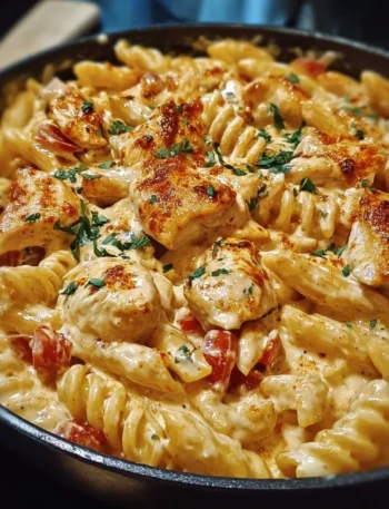 Cajun Cream Cheese Chicken Pasta Bake topped with herbs and spices