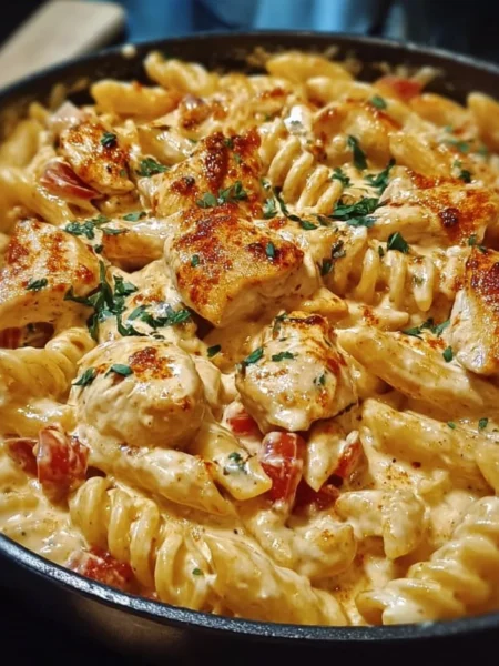 Cajun Cream Cheese Chicken Pasta Bake topped with herbs and spices