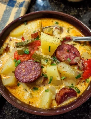 Bowl of hearty Cajun Potato Soup garnished with green onions and spices