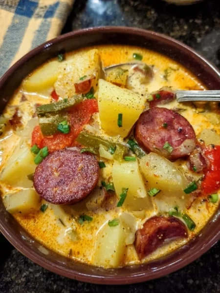 Bowl of hearty Cajun Potato Soup garnished with green onions and spices