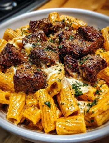 Cajun Steak Tips with Cheesy Rigatoni dish garnished with herbs
